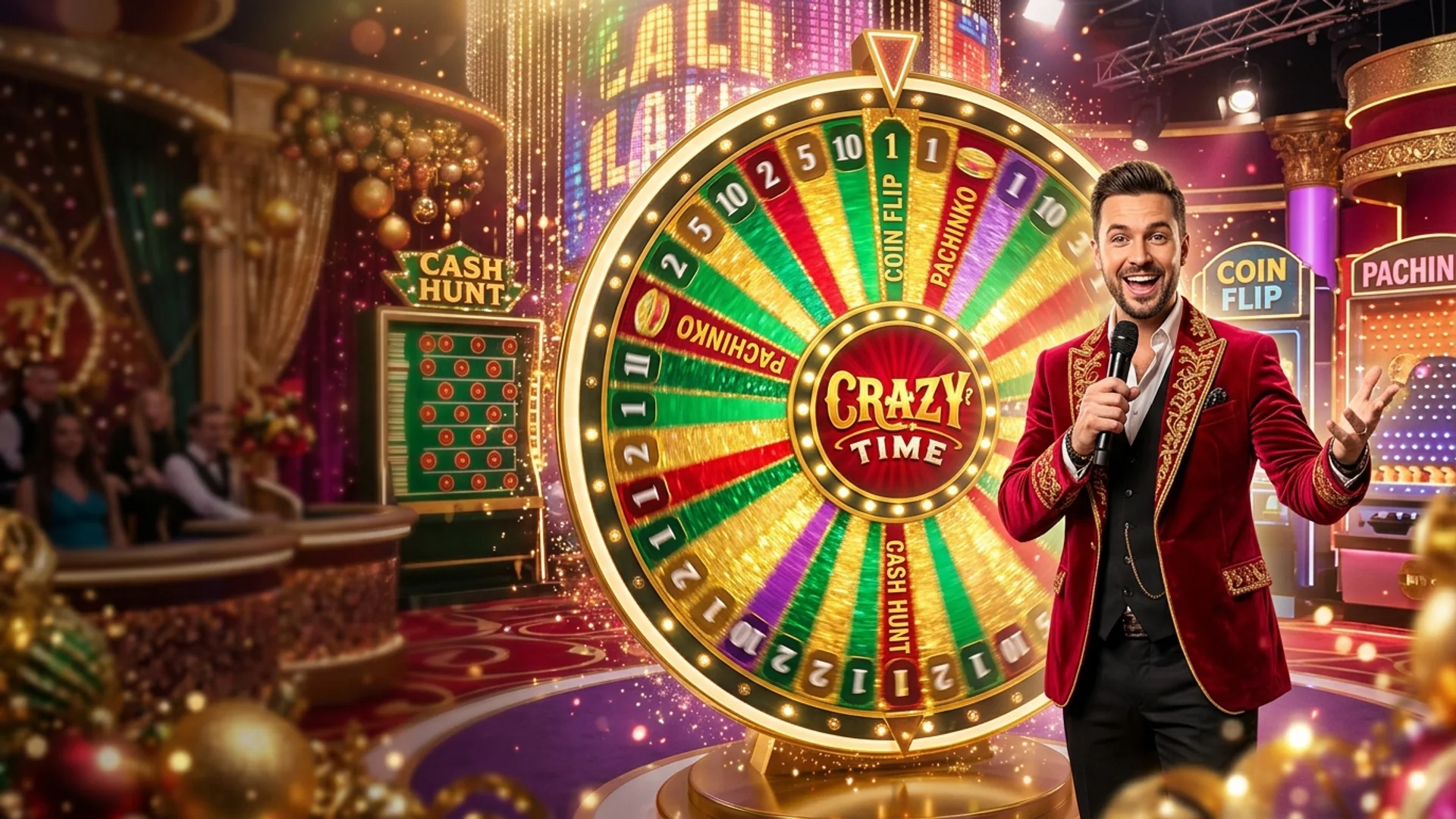 Roda gigante do jogo Crazy Time com apresentador ao vivo na plataforma jogos friv poki