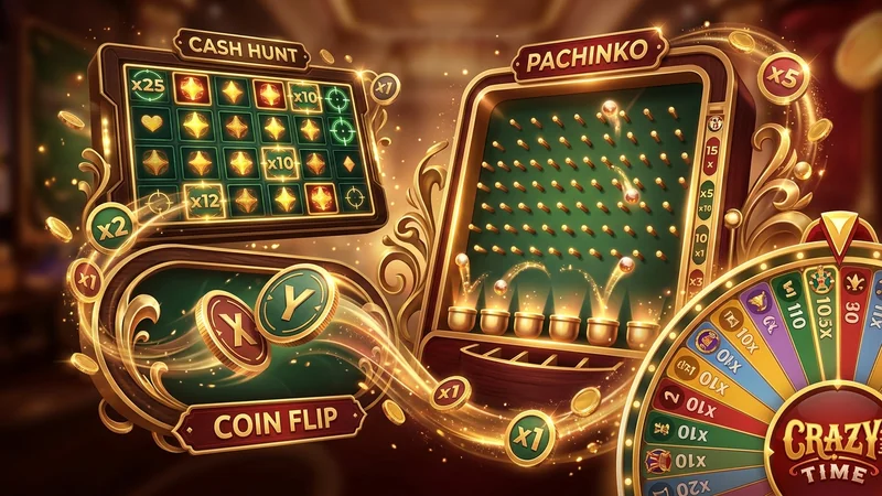 Captura de tela dos jogos bônus Cash Hunt, Pachinko e Coin Flip do Crazy Time na jogos friv poki